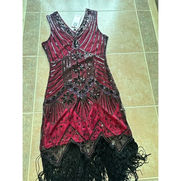 New ! ZEAGOO Tassel Sequined Vintage V Neck Flapper Cocktail Party Dress Size M - Picture 7 of 10